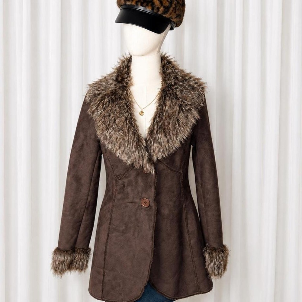 Y2K Brown Faux Suede Faux Fur Penny Lane Coat